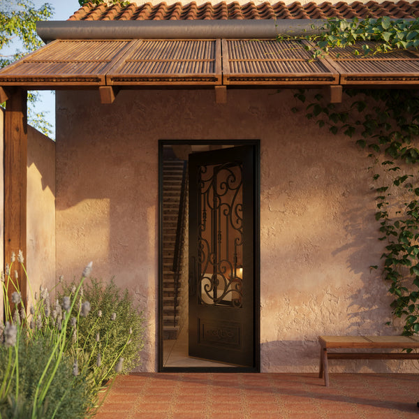 Golden Gate straight top single entry door with thermal break and metal ironwork.