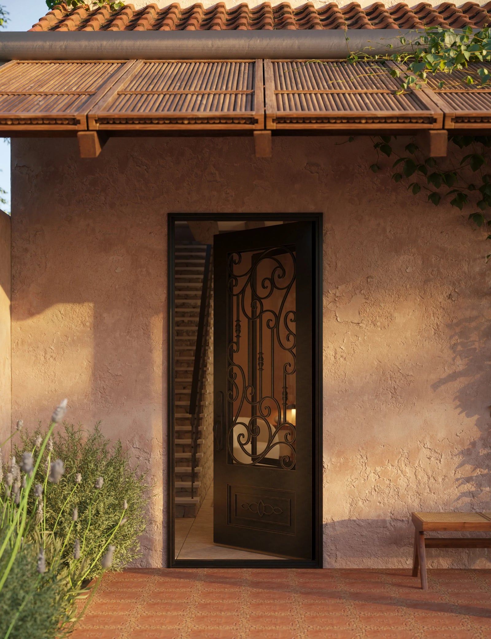 Golden Gate Pre-hung black iron flat top single front door with glass center.