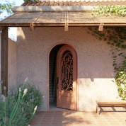 Golden Gate black wrought iron single full arch top door with double glass.