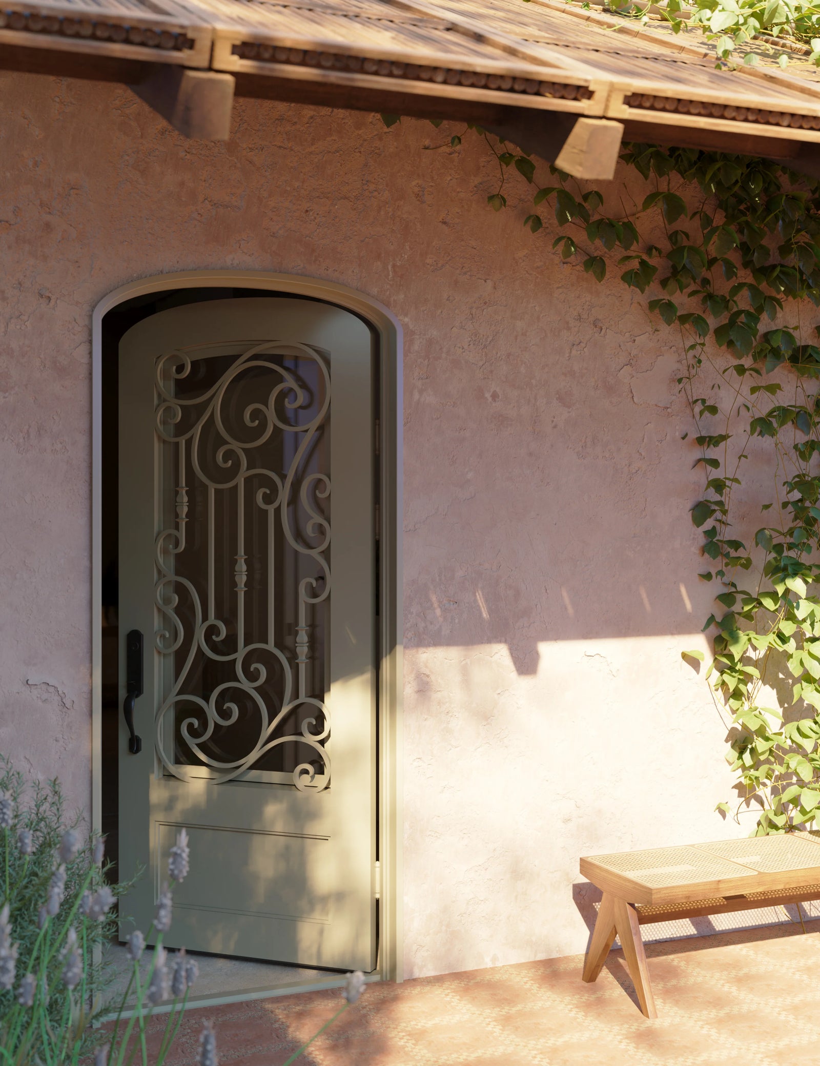 Golden Gate black cold rolled metal mini arch top single door with dual-pane glass.