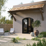Hills arch design double entry door in bronze color with glass.