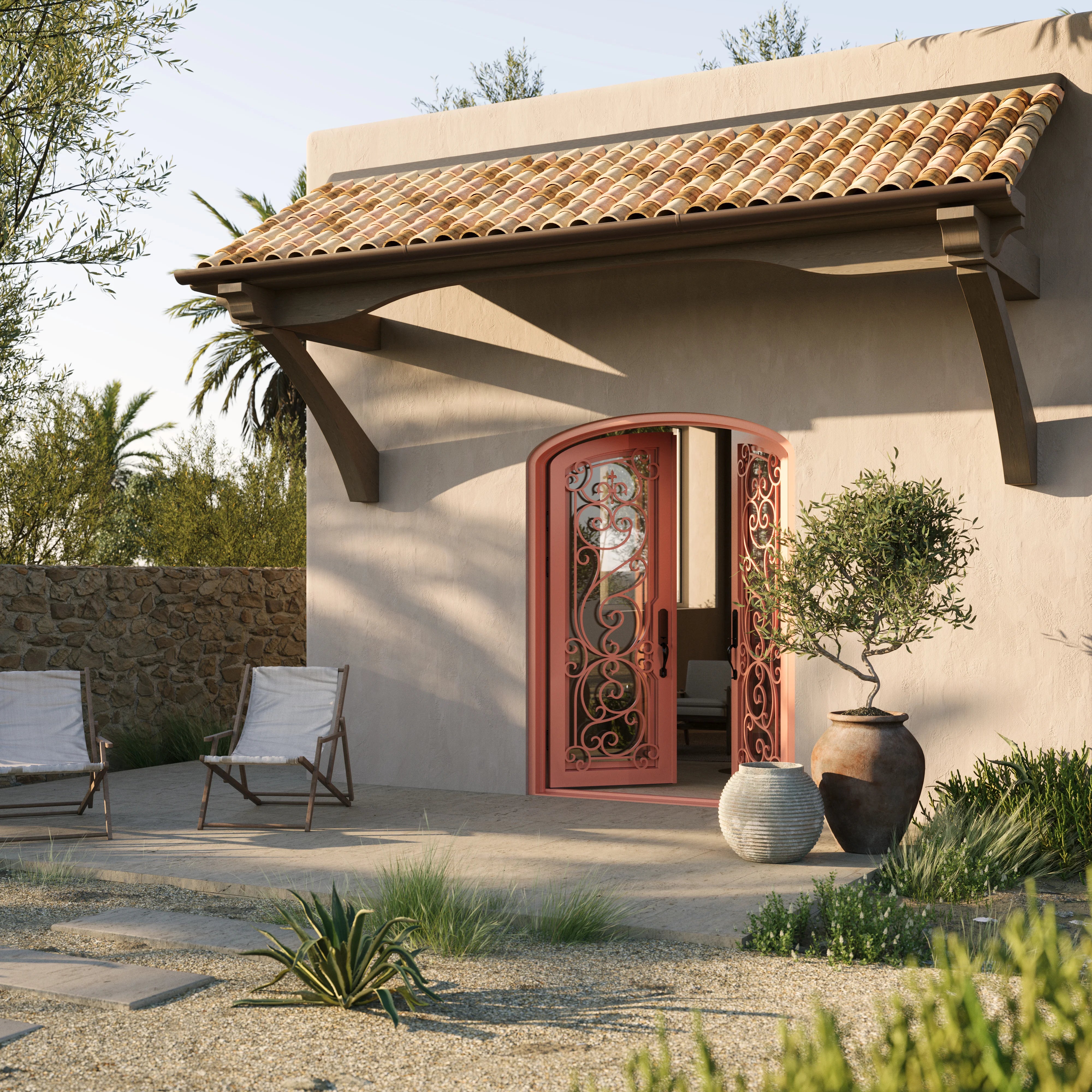 Hills iron entry door in bronze hue with arch.