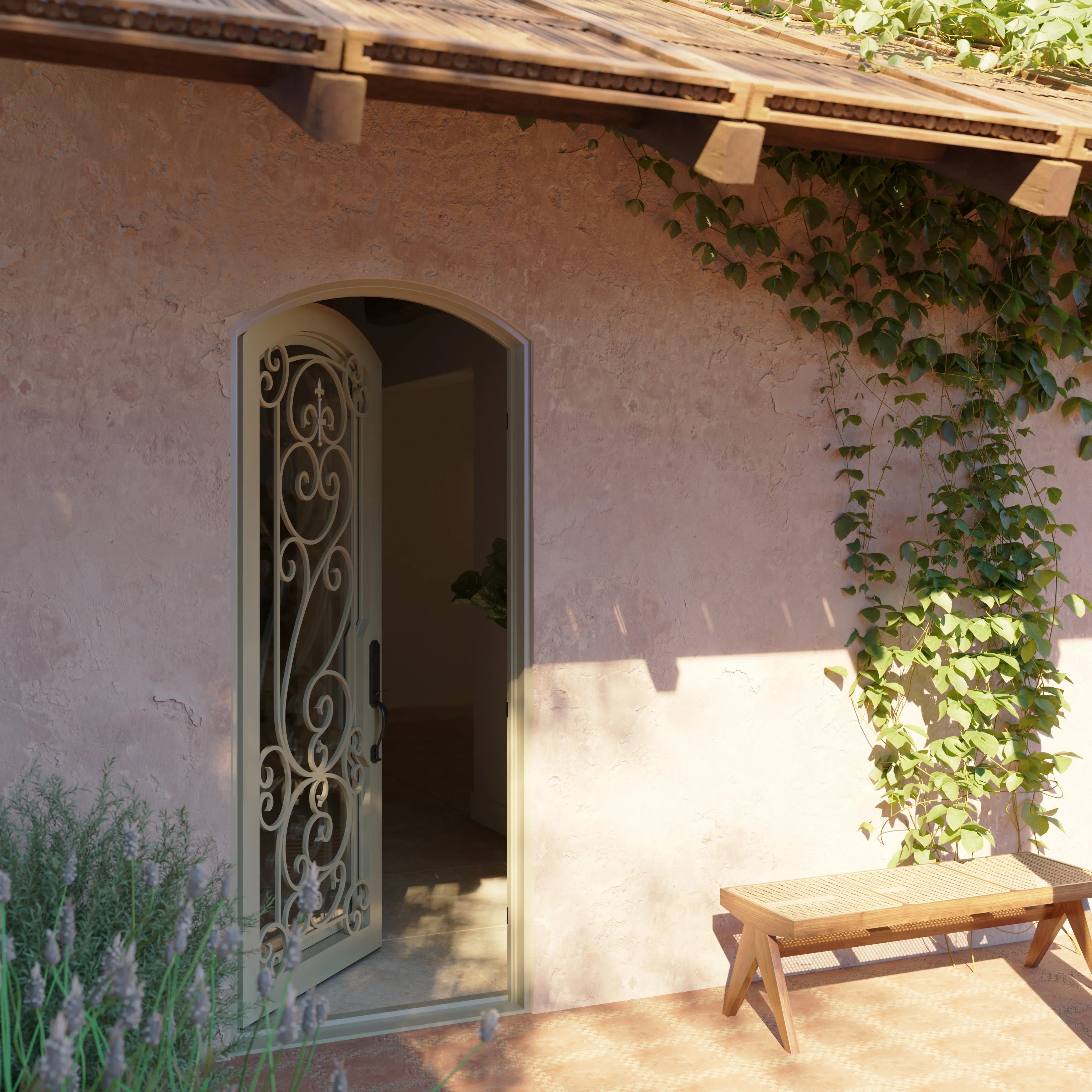 Golden Gate iron single hinged door in bronze finish.