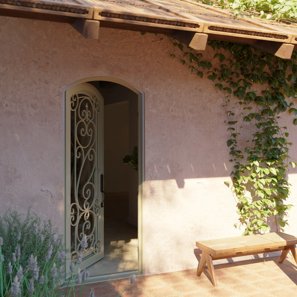 Golden Gate iron single hinged door in bronze finish.