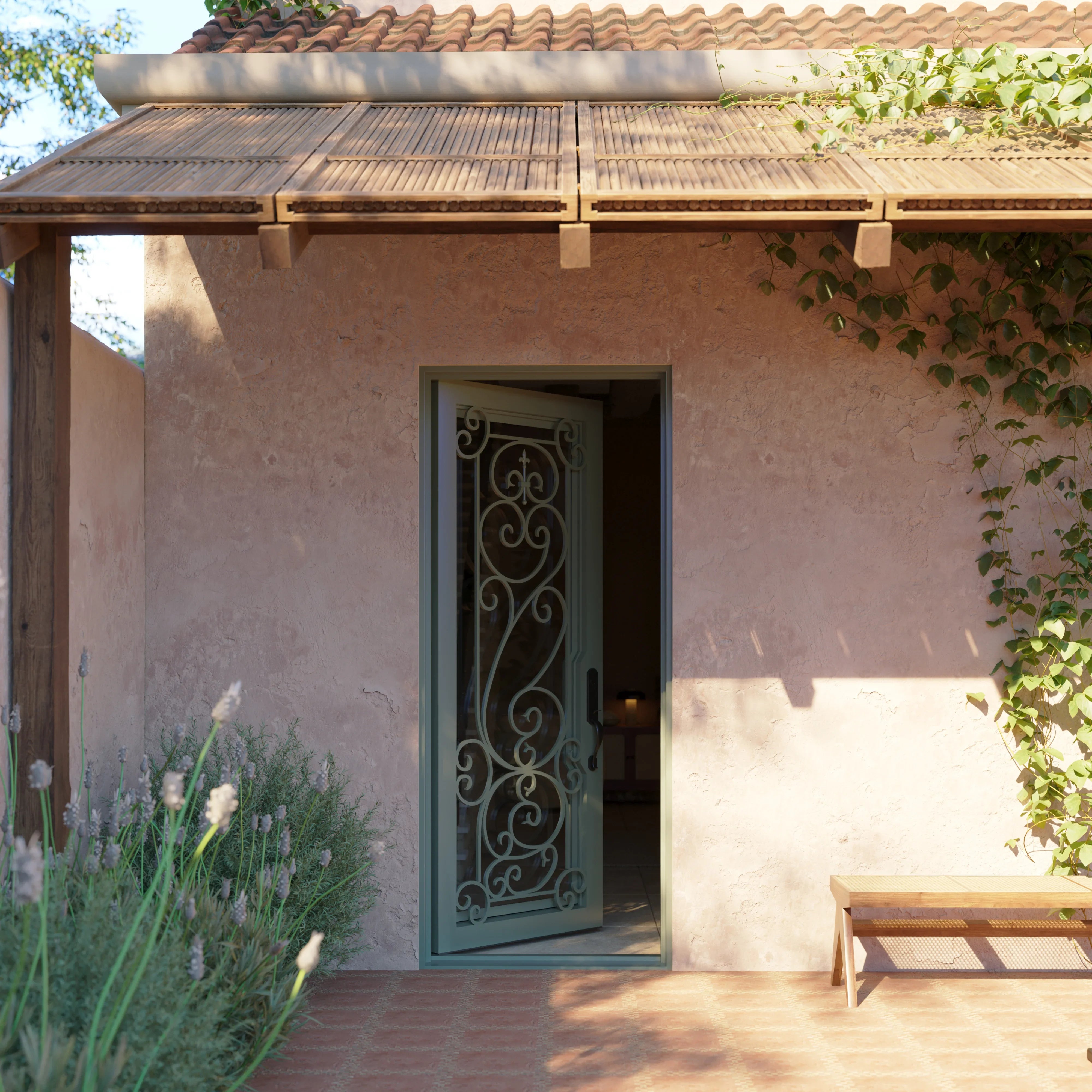Hills Pre-hung bronze color metal flat top single door with dual-pane glass.