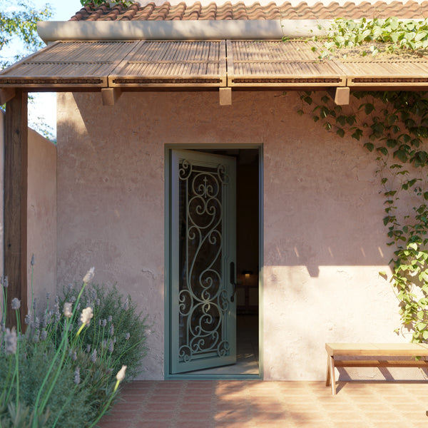 Hills Black exterior cold rolled metal flat top single door with energy efficient glass.