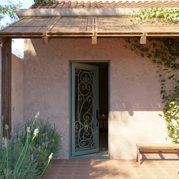 Hills single flat door with thermal break and metal ironwork in black.