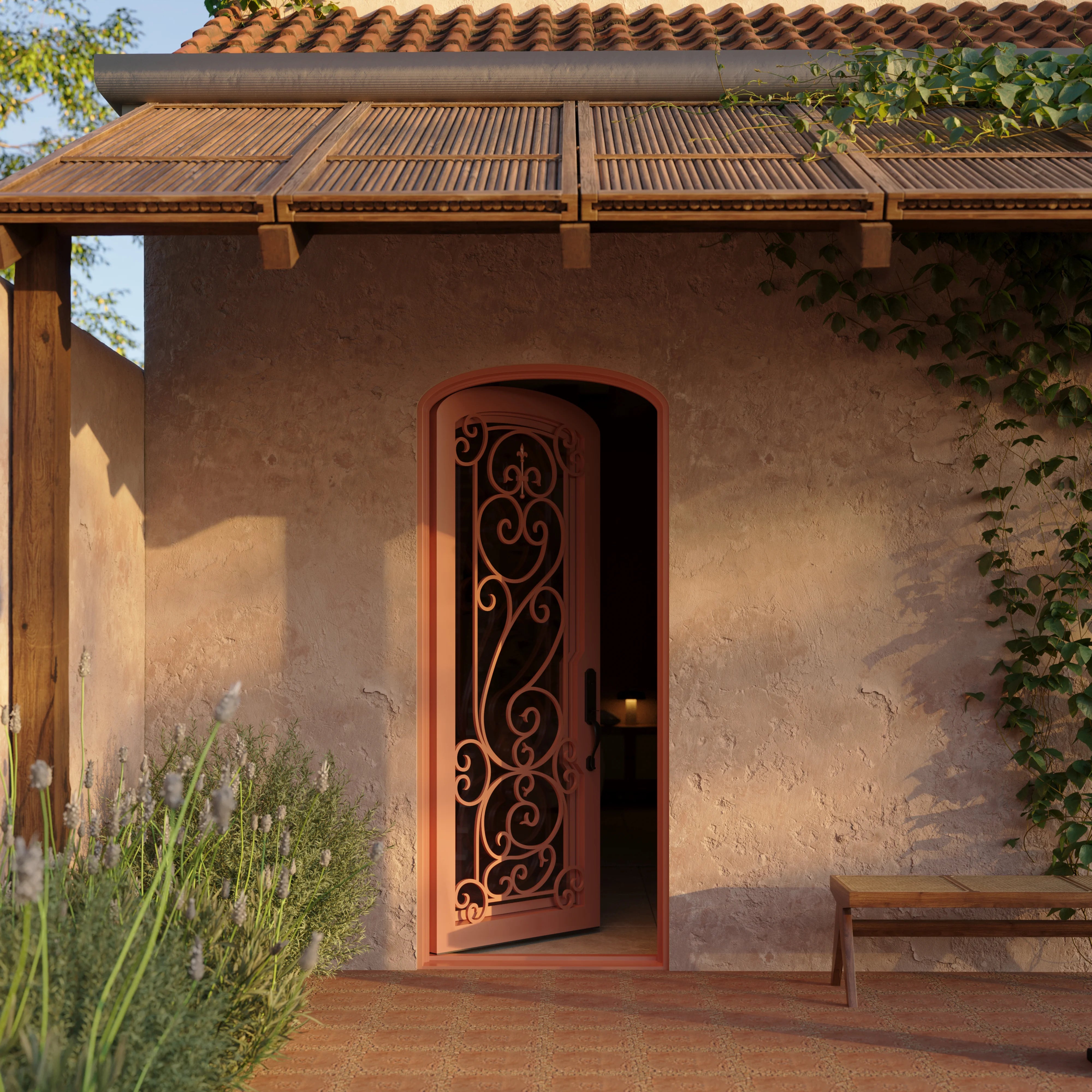 Hills single mini arch top iron swing door with decorative scrollwork and glass.
