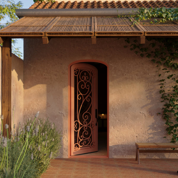 Hills single mini arch top iron swing door with decorative scrollwork and glass.