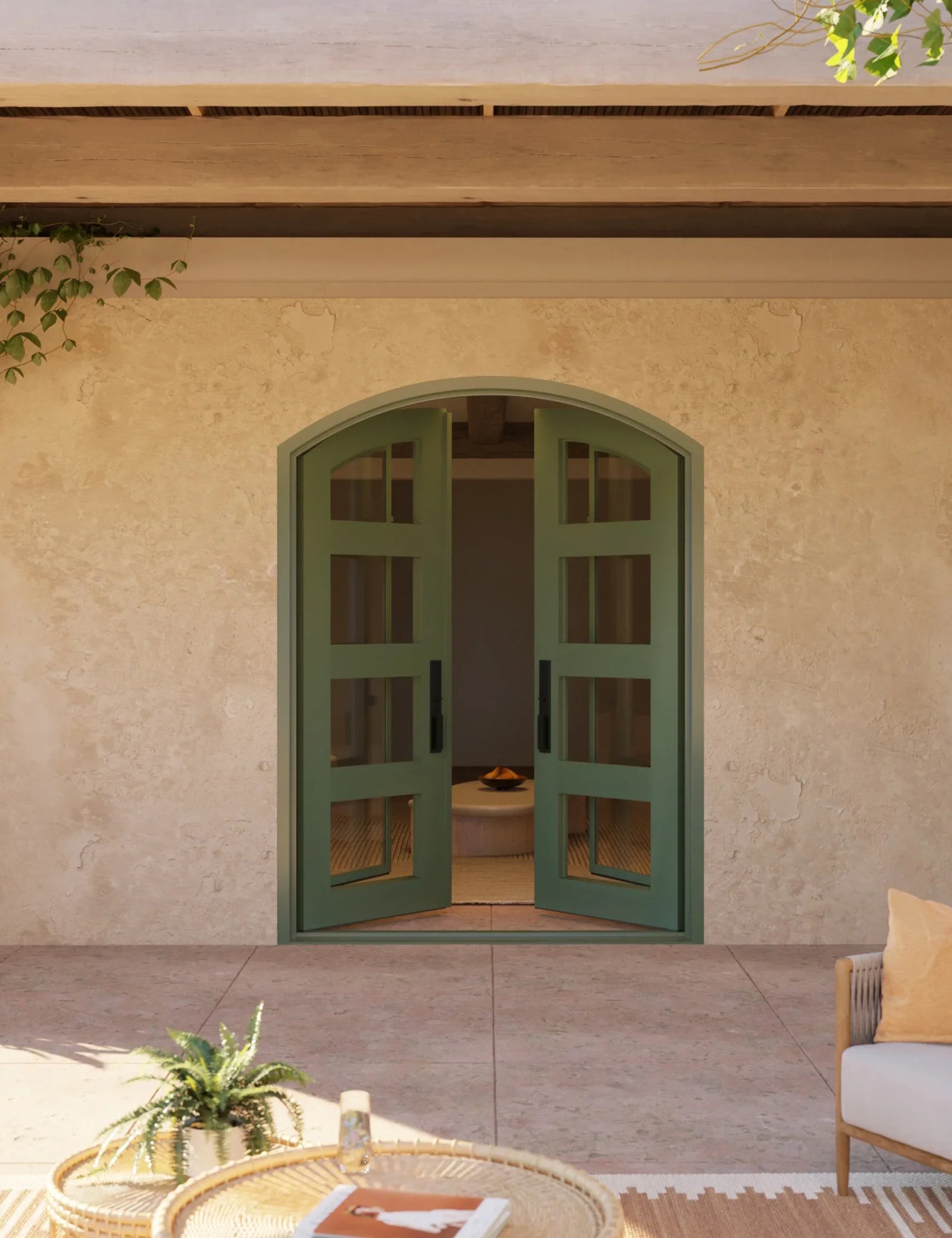 Knox bronze colored arched top door with glass and thermal break.