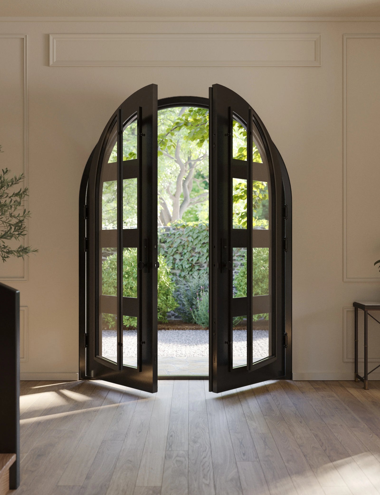 Knox double round top entry door with energy efficient tempered glass in black.