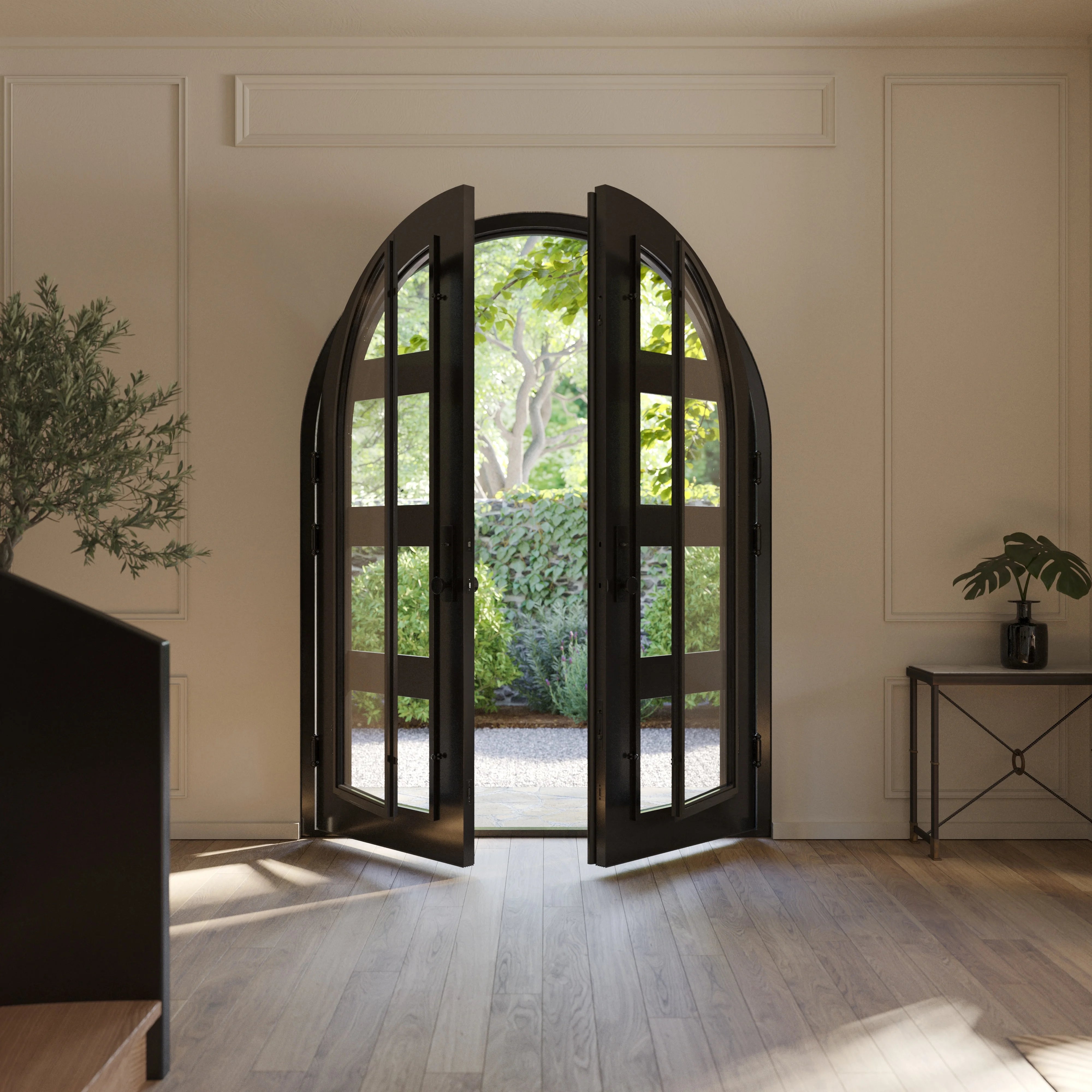 Knox double round top entry door with energy efficient tempered glass in black.