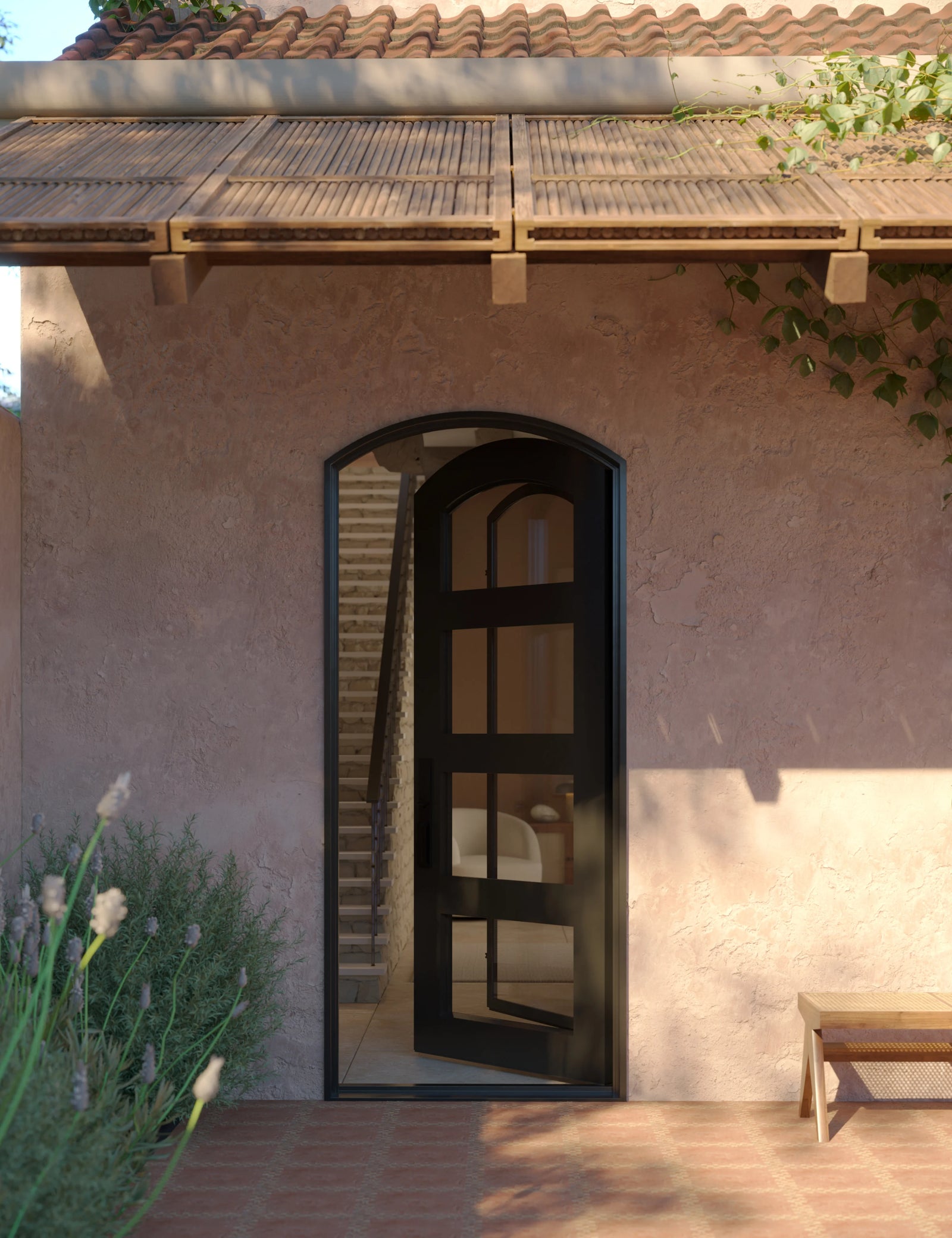 Knox single soft arch top front door with thick glass and bullet hinges.