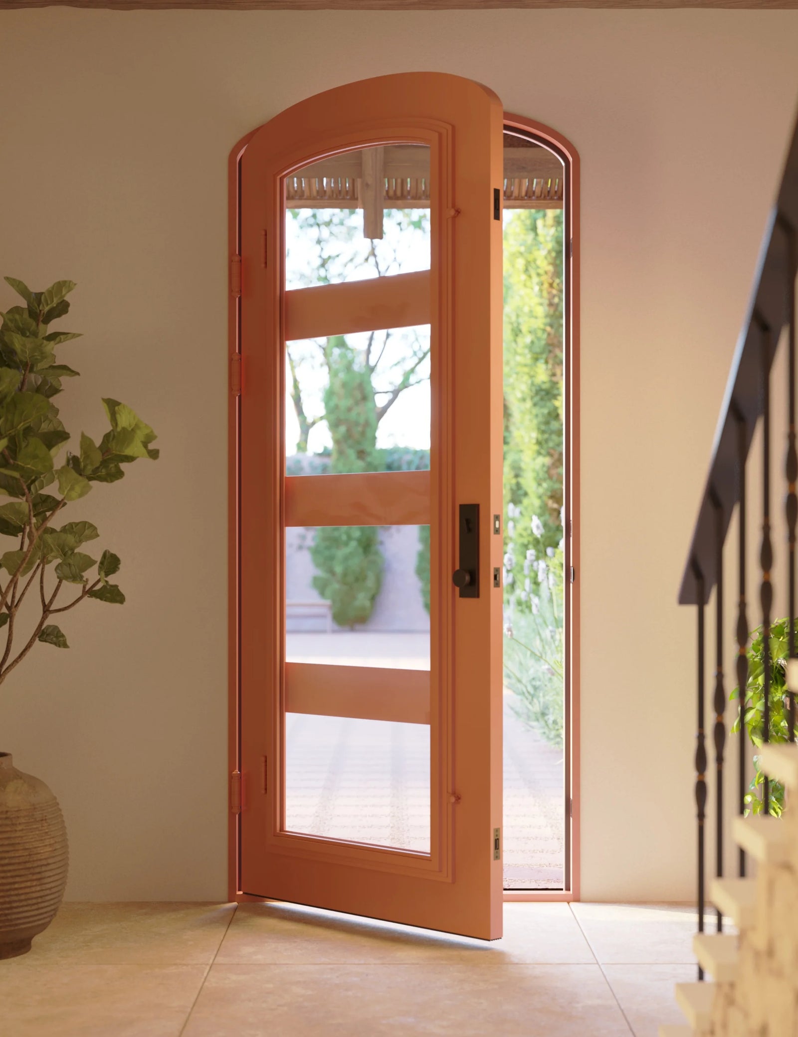 Knox mini arch top single iron door with thick dual-pane glass in bronze color.