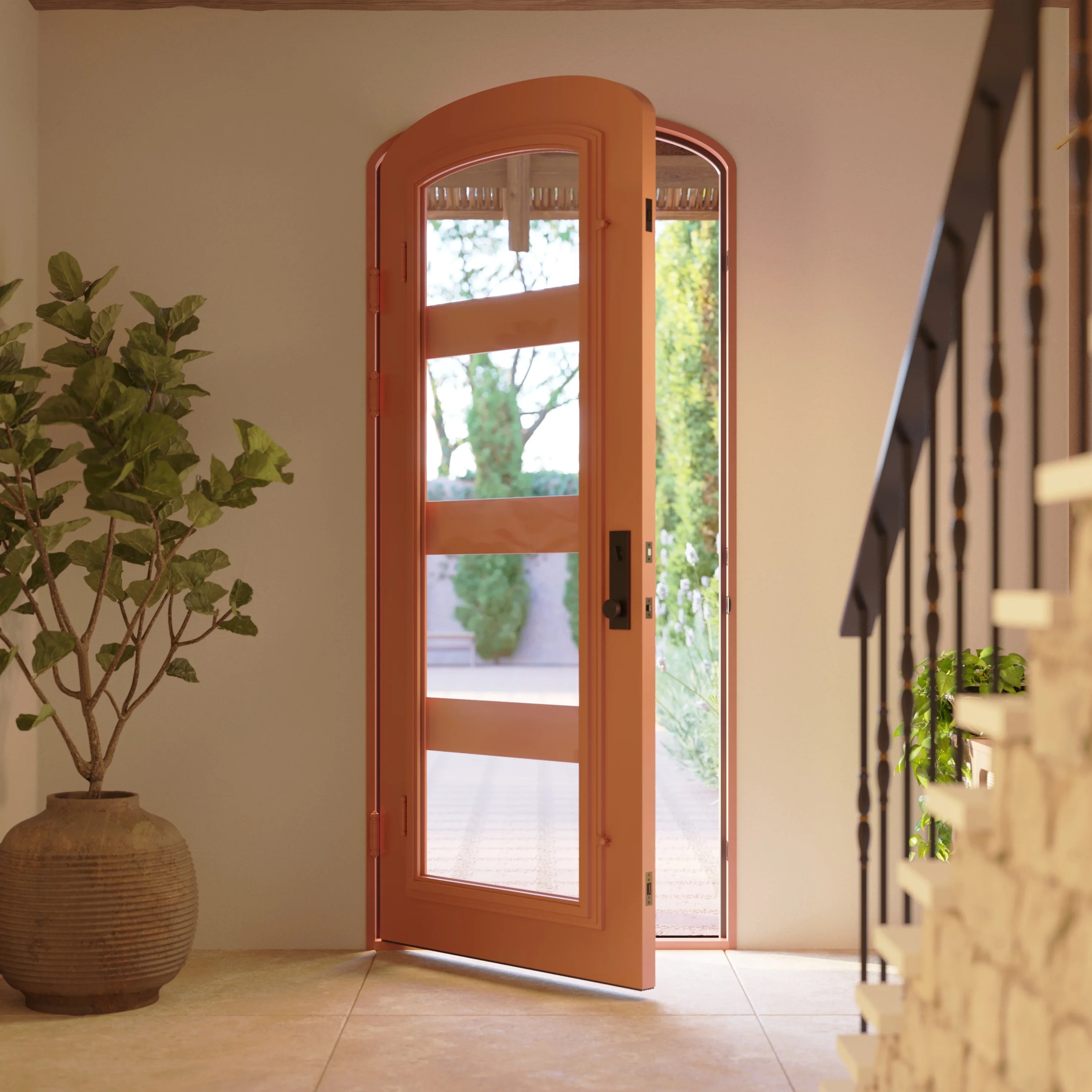 Knox mini arch top single iron door with thick dual-pane glass in bronze color.