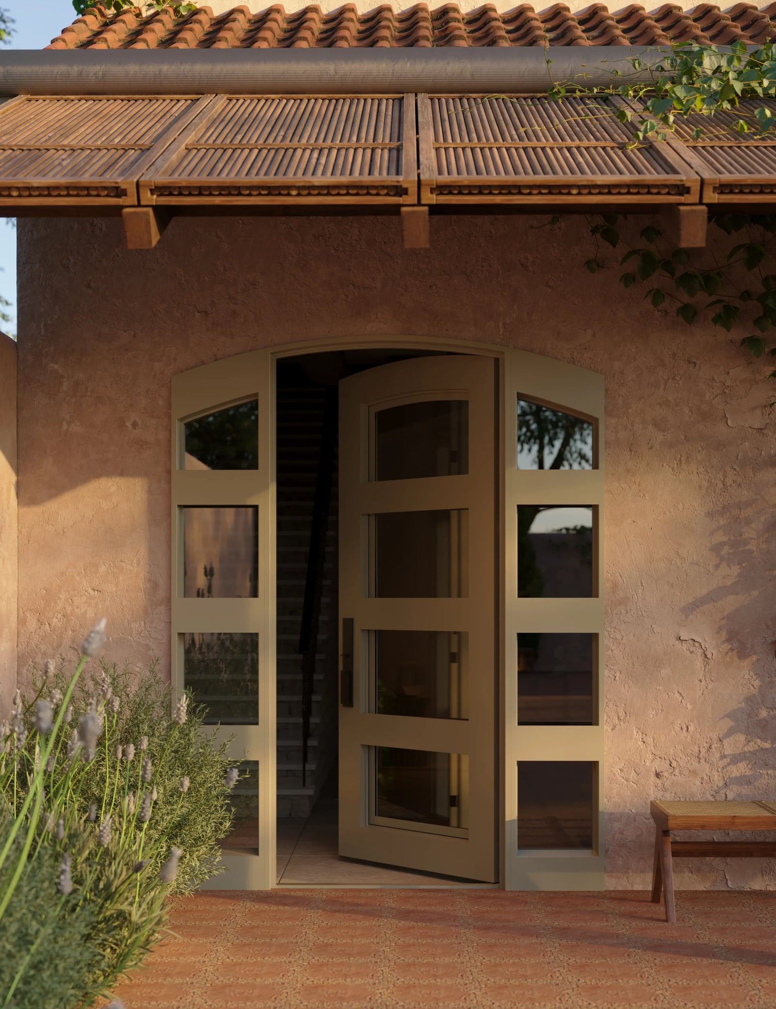 Knox single arch top door in bronze with modern design and sidelights thermally broken.