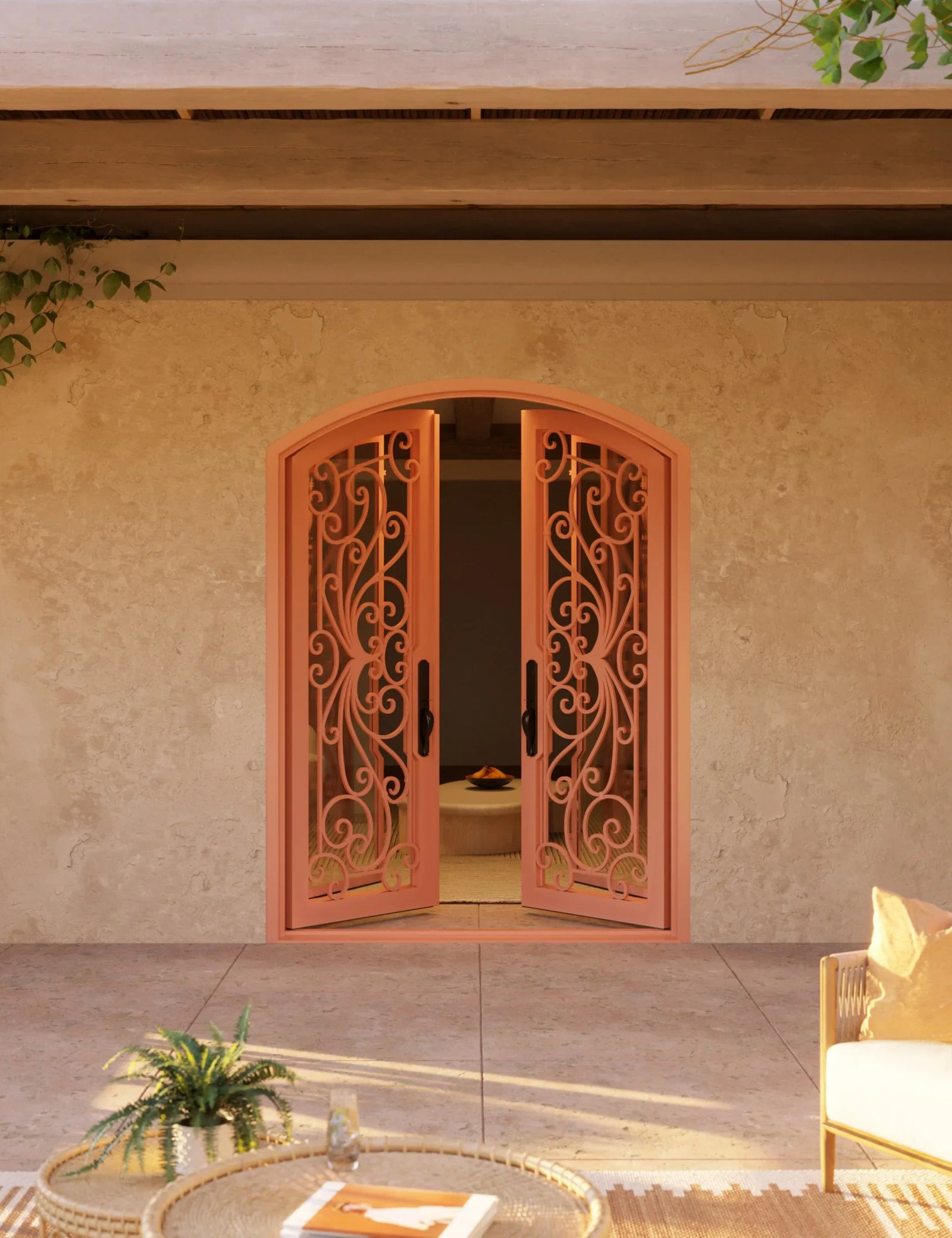 Miracle arched top double door with thermal barrier and glass in bronze.