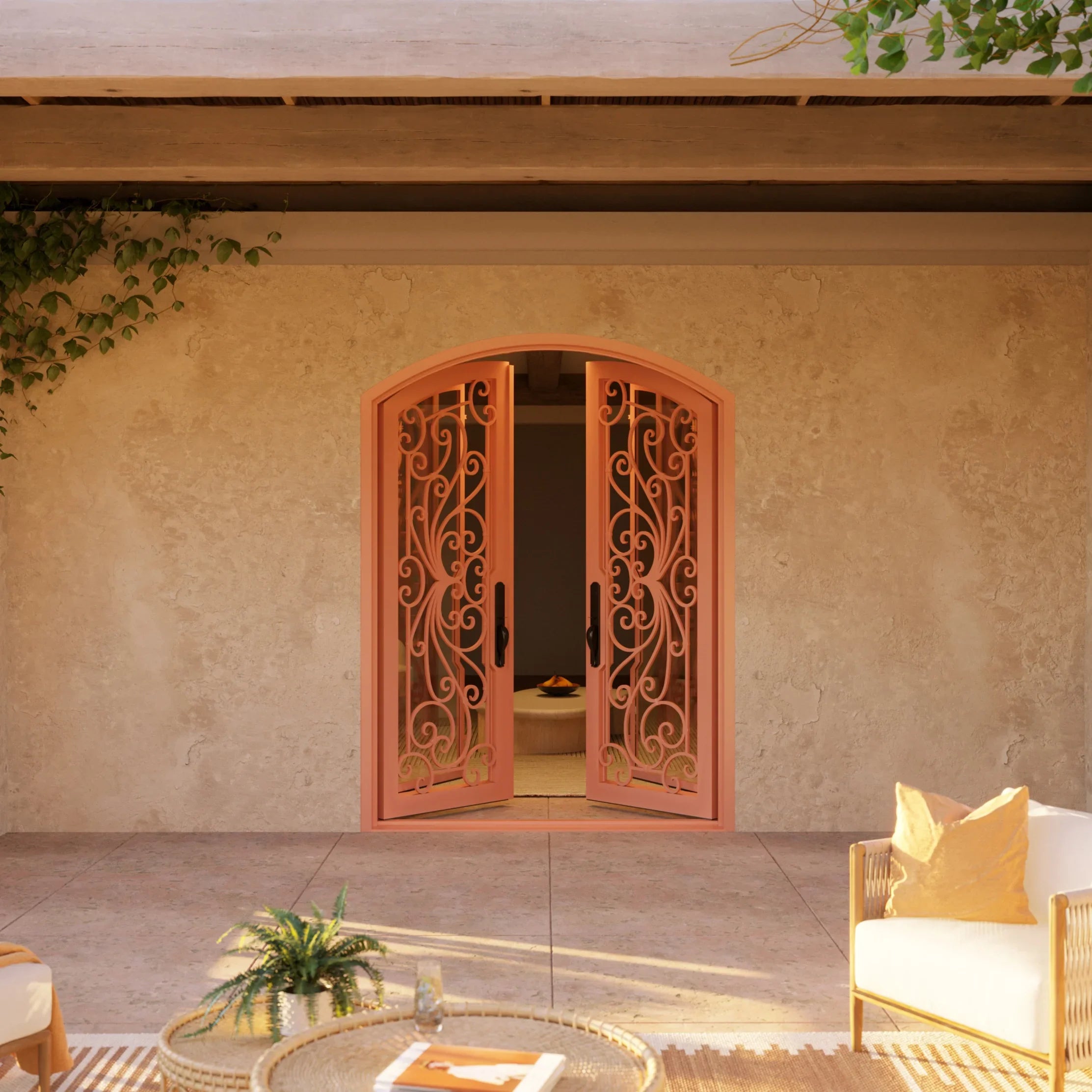Miracle arched top double door with thermal barrier and glass in bronze.