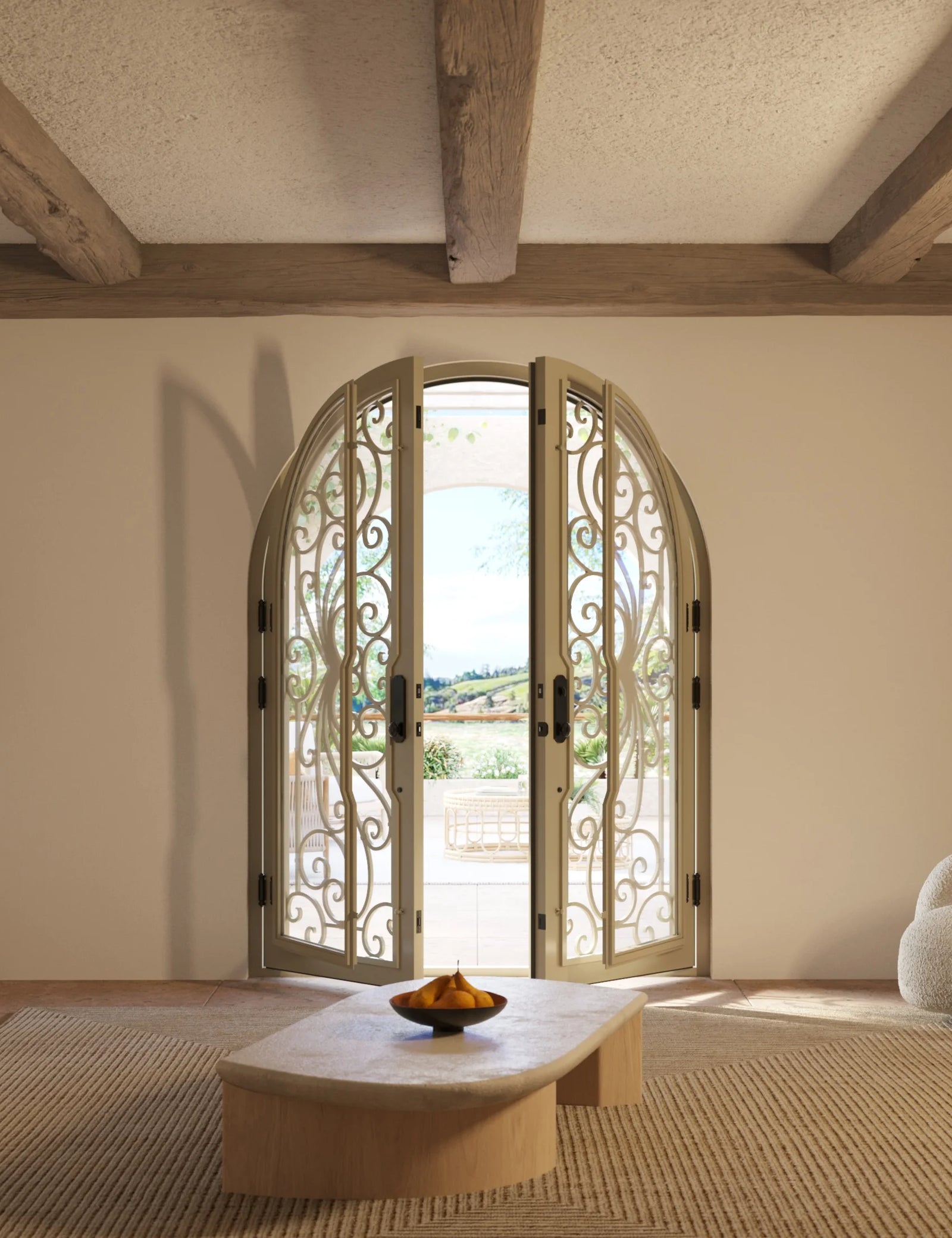 Miracle full arch top double swing door with decorative metalwork and glass.
