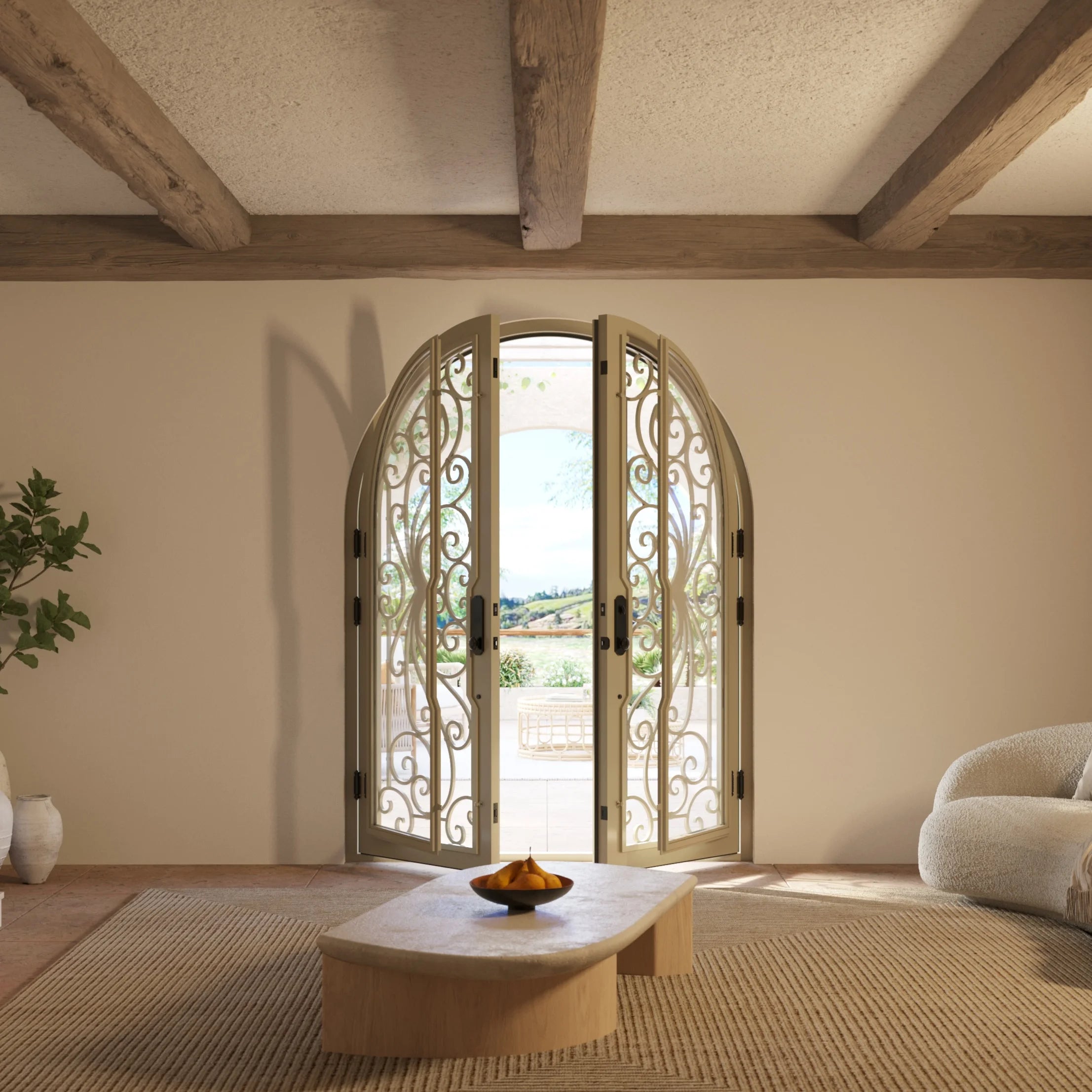 Miracle full arch top double swing door with decorative metalwork and glass.