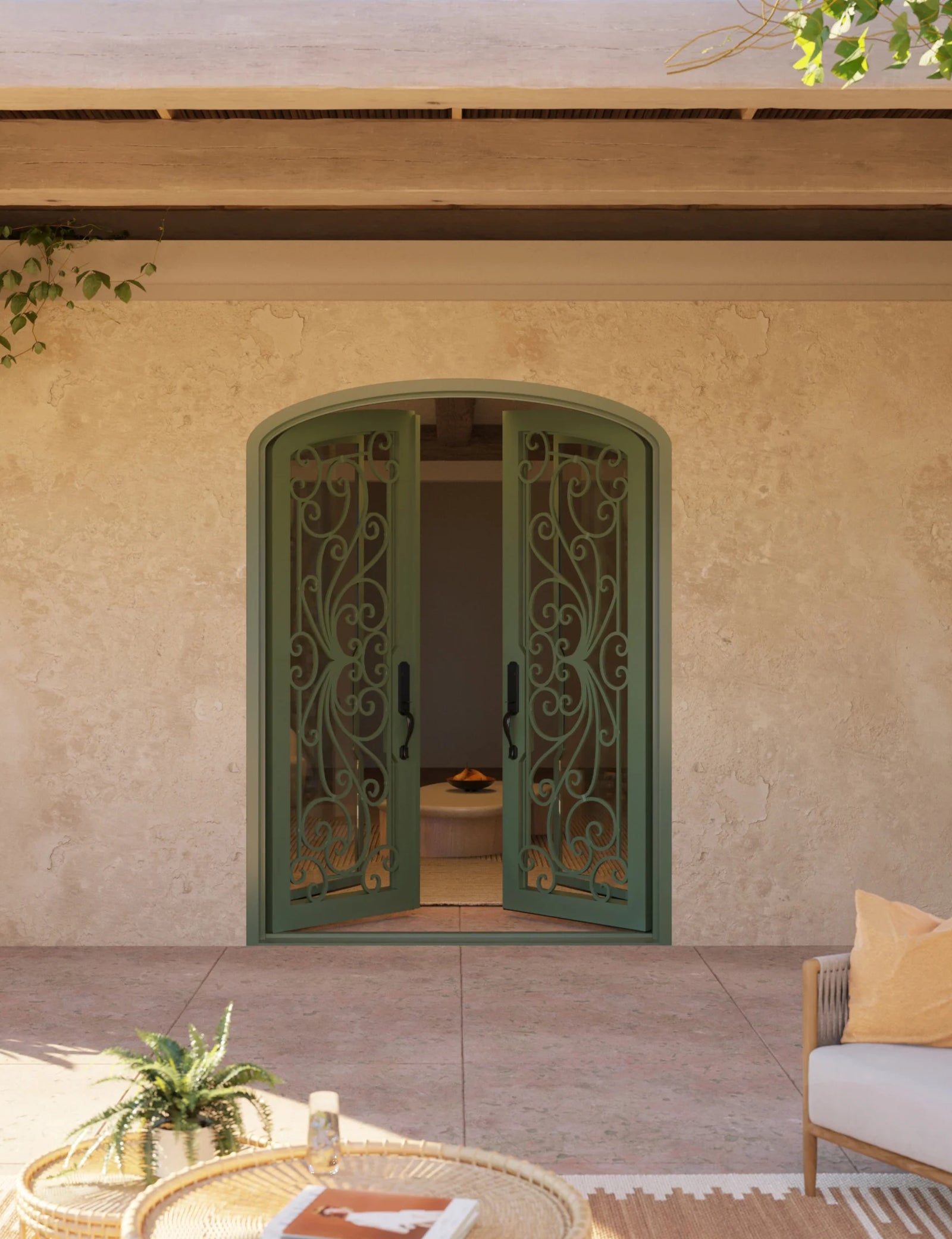 Miracle arched entry double door with efficient glass in bronze shade.
