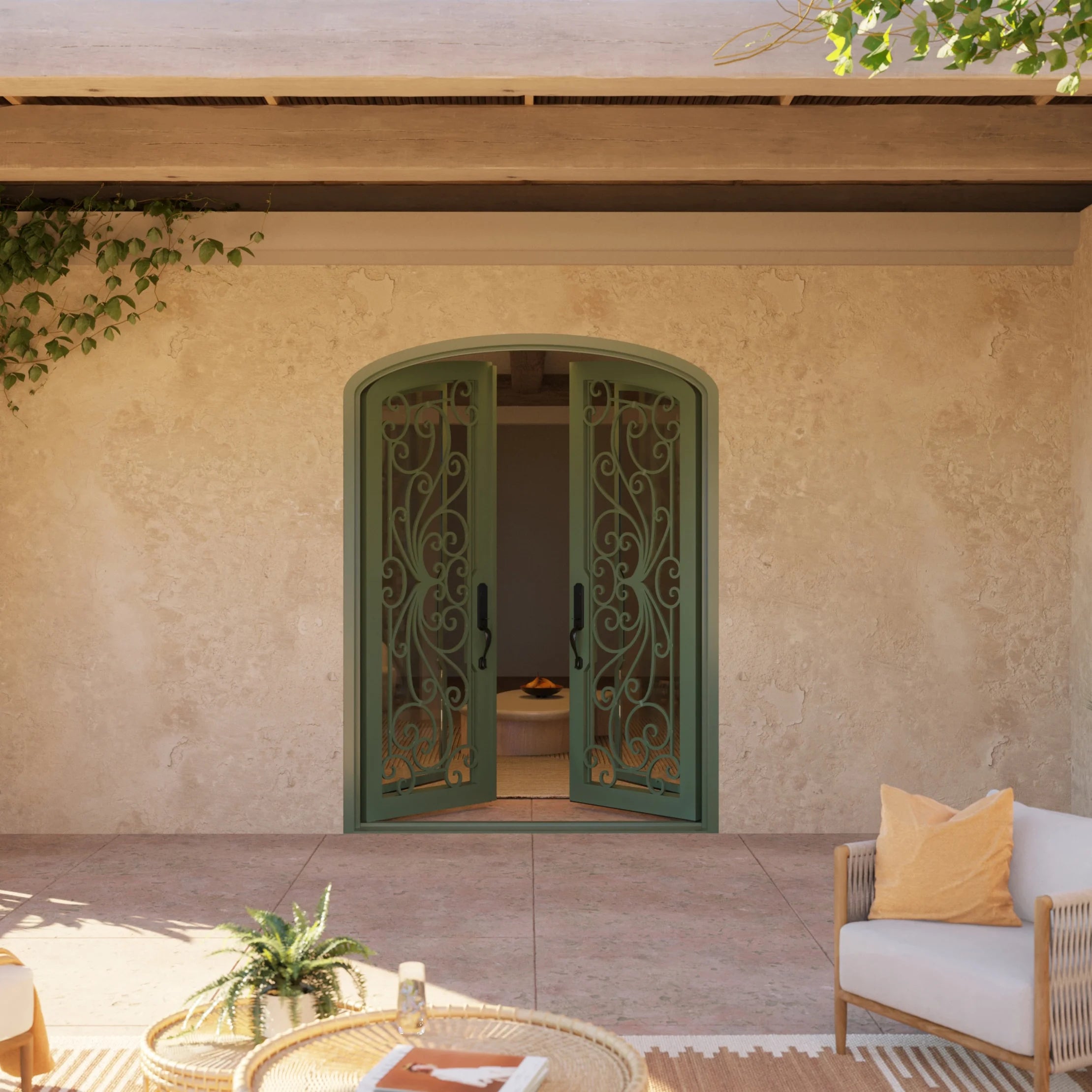 Miracle arched entry double door with efficient glass in bronze shade.