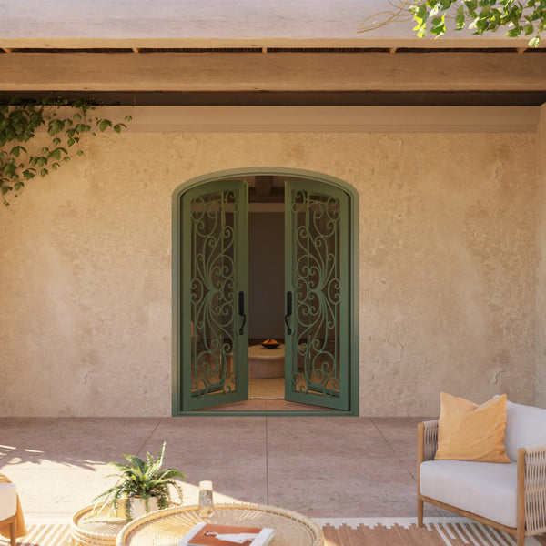 Miracle arched entry double door with efficient glass in bronze shade.