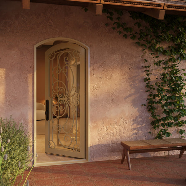 Miracle arch top hinged door with thermal break in black finish.