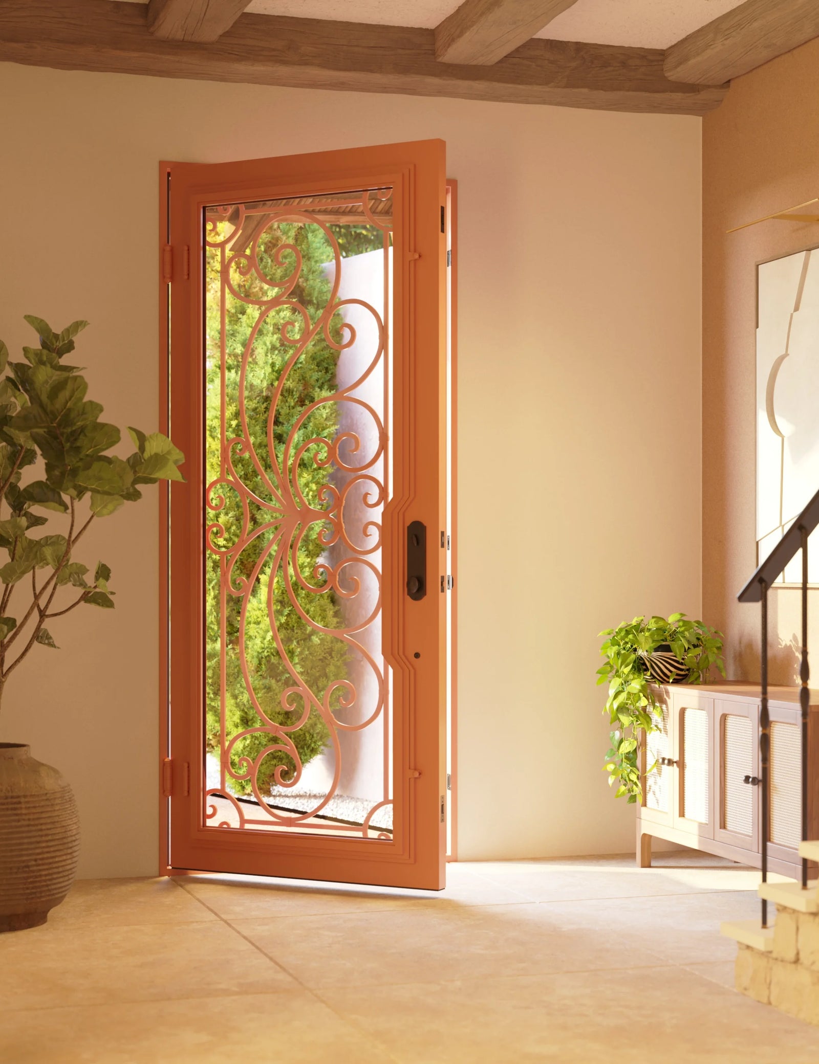 Miracle Bronze color iron flat top single entry door with thick glass panel.