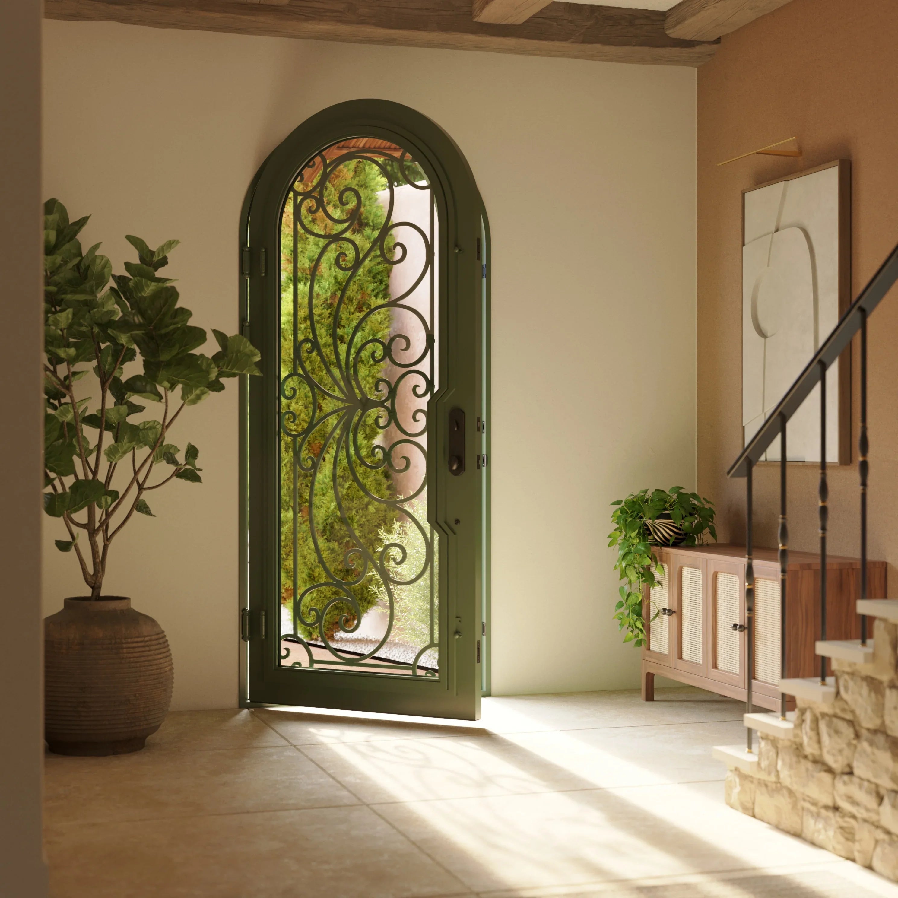 Miracle single round top entry door with decorative scrollwork and energy efficient glass.