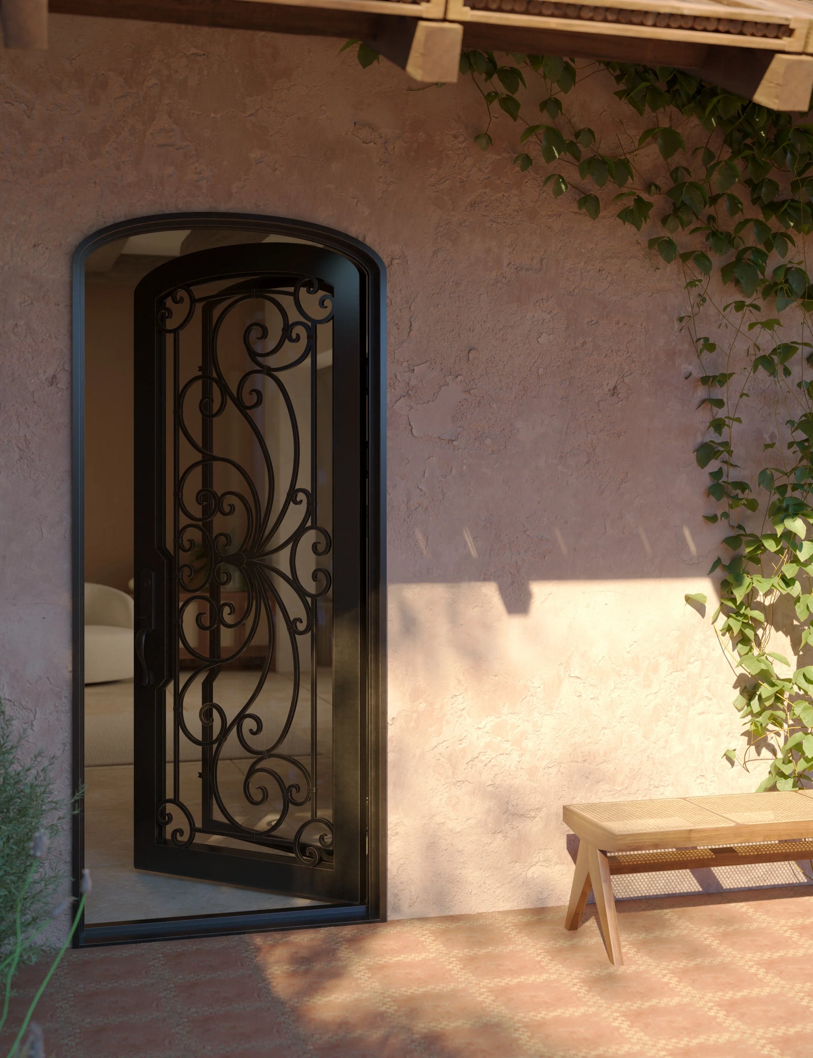 Miracle single mini arch top iron hinged door with ornate scrollwork and tempered glass.