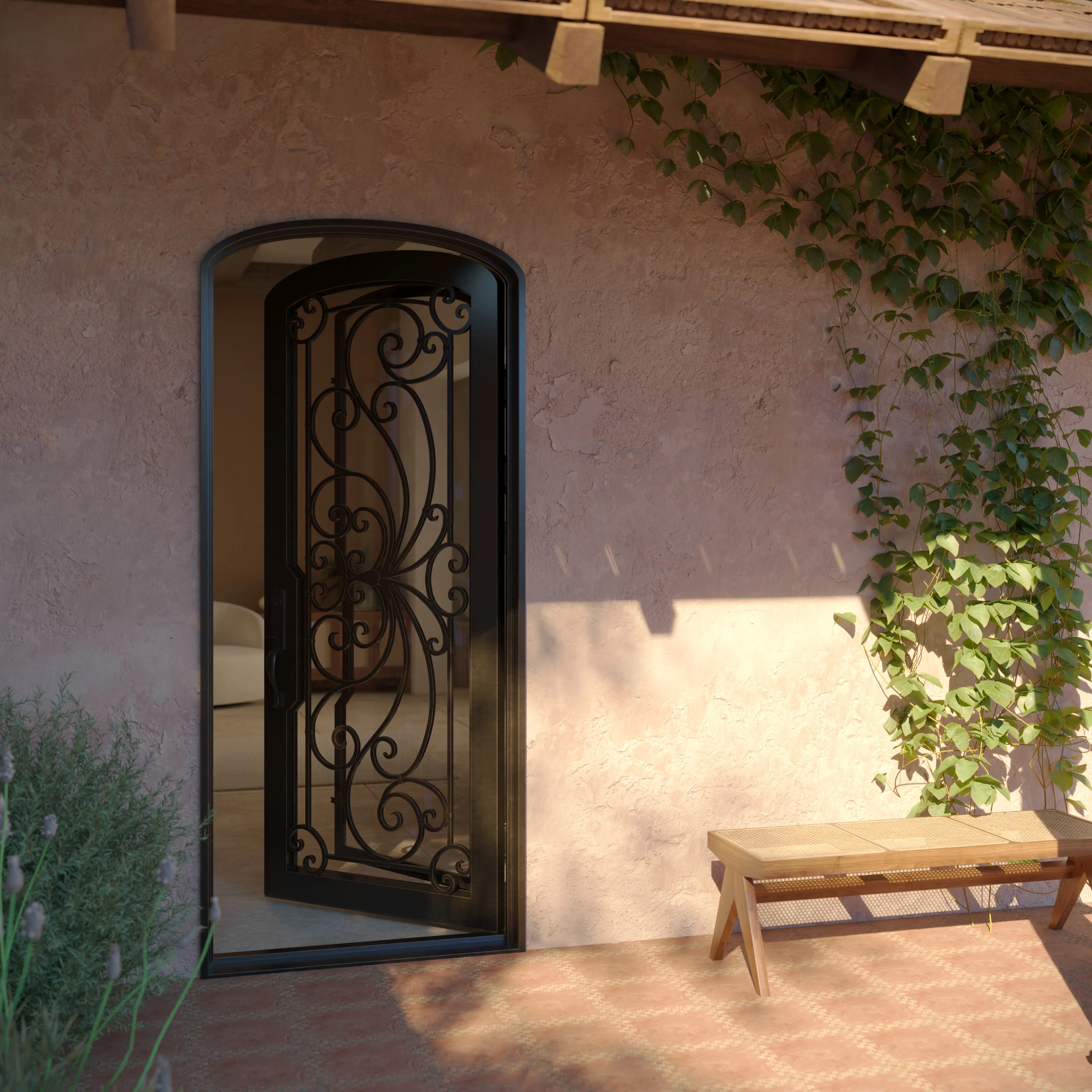 Miracle single mini arch top iron hinged door with ornate scrollwork and tempered glass.