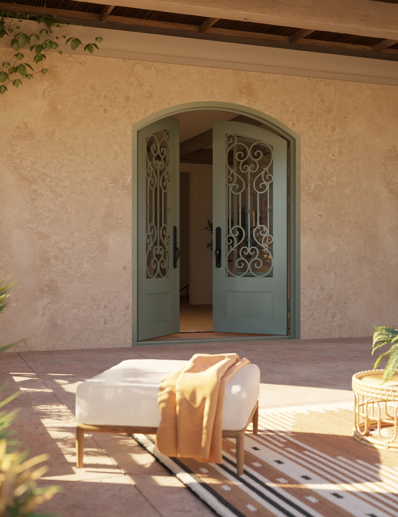 New York arched design double door in bronze hue with glass windows.