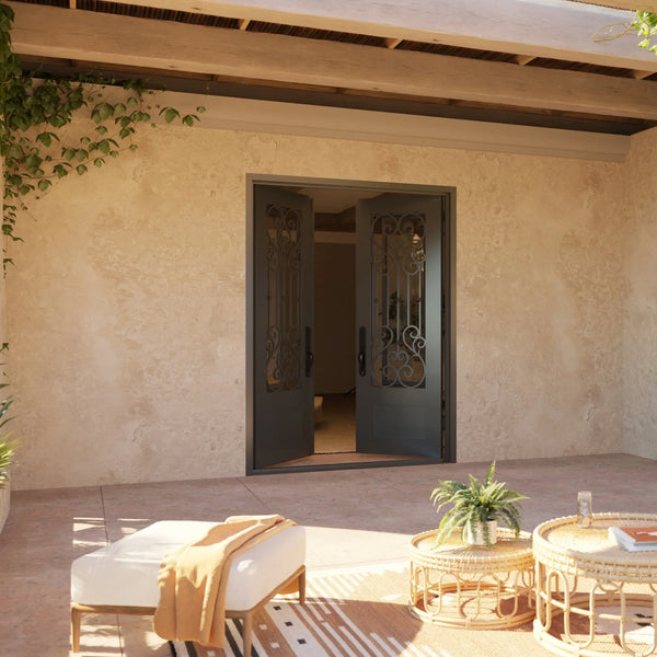 New York flat top double exterior door in bronze finish.
