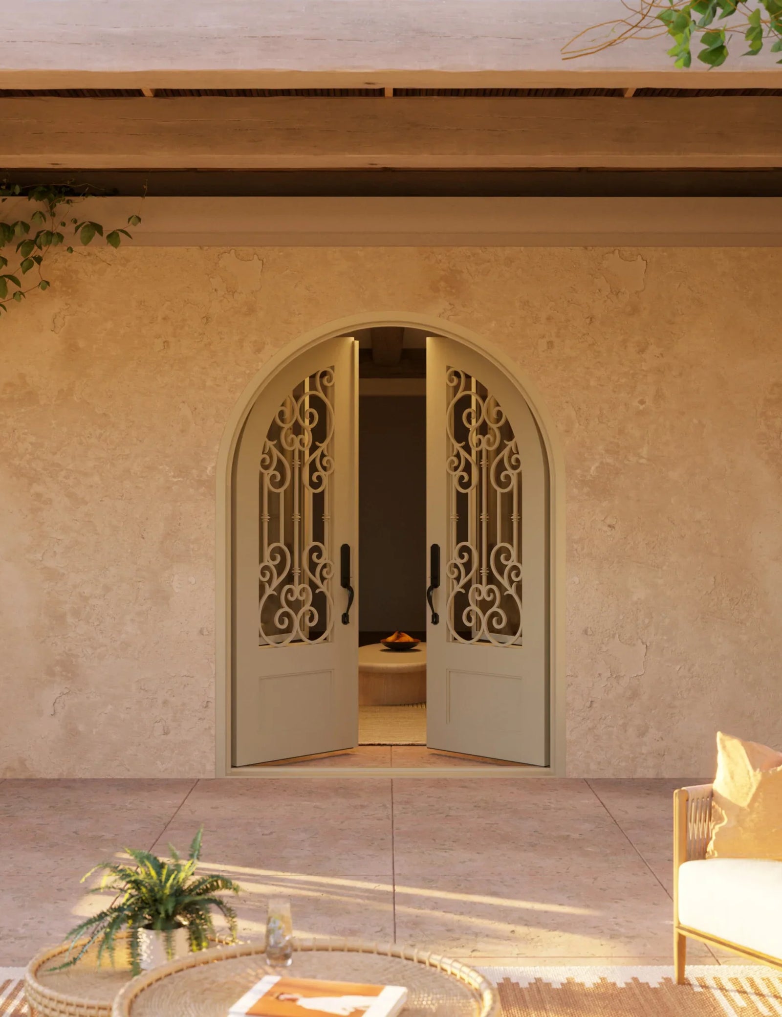 New York round top iron entry door for cold weather in bronze color.