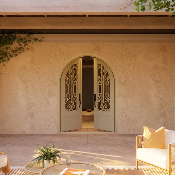 New York round top iron entry door for cold weather in bronze color.