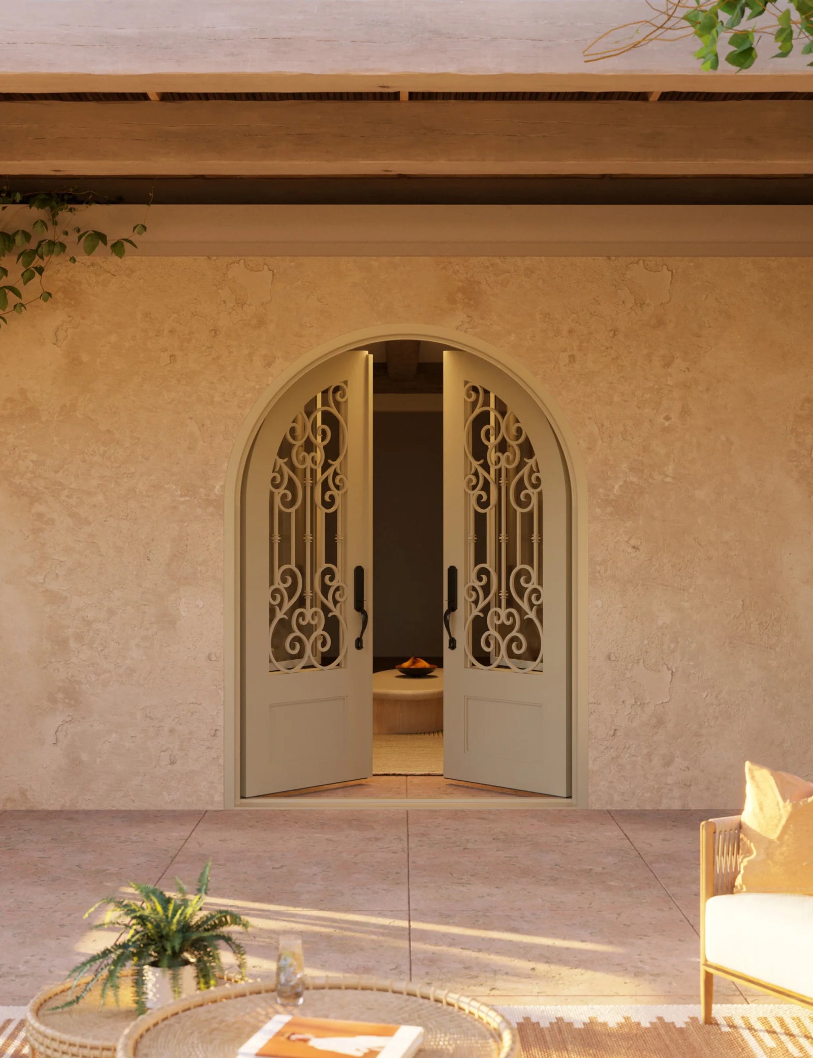 New York full arch top double hinged door with energy efficient dual-pane glass.