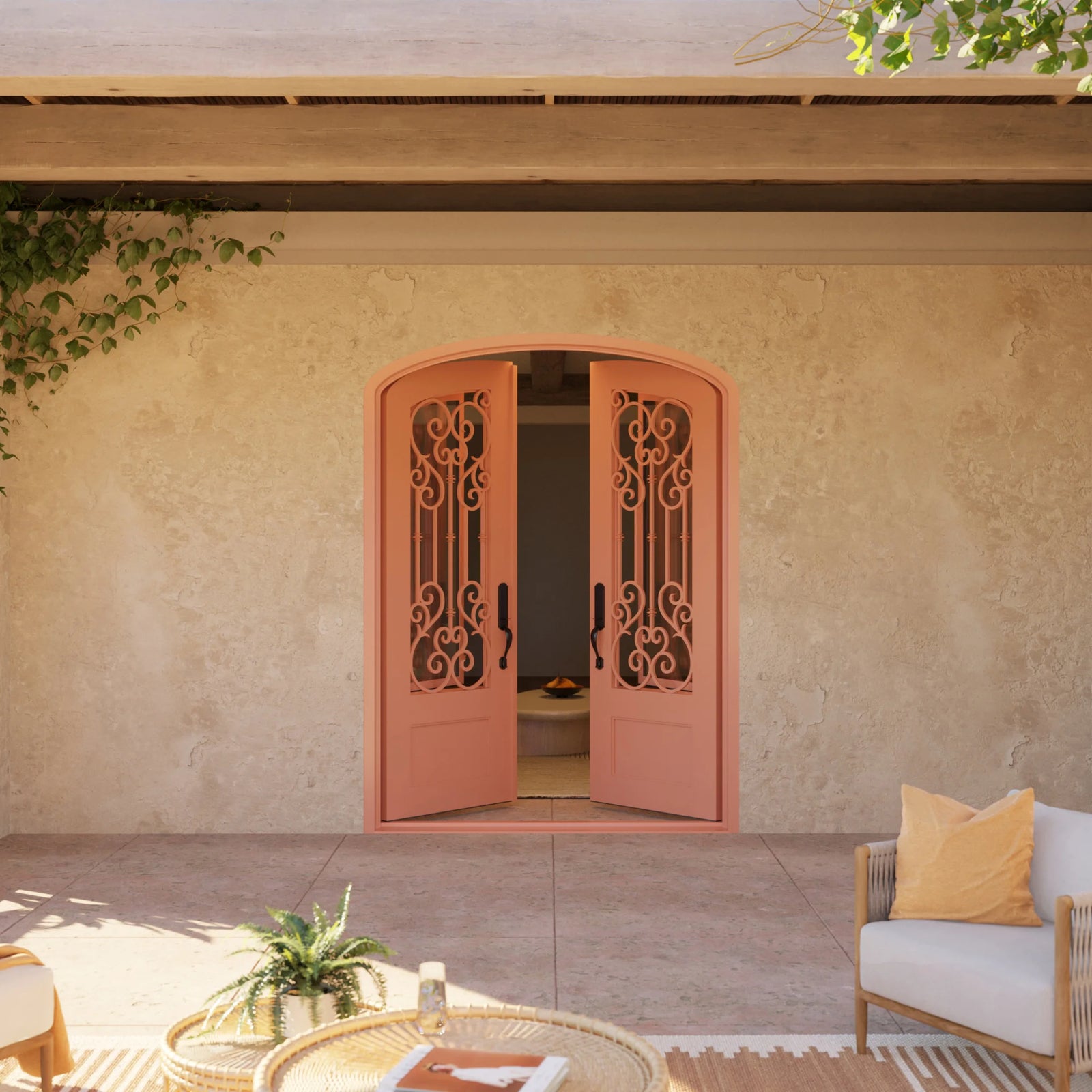 New York iron double door with clear glass in bronze shade and arched design.