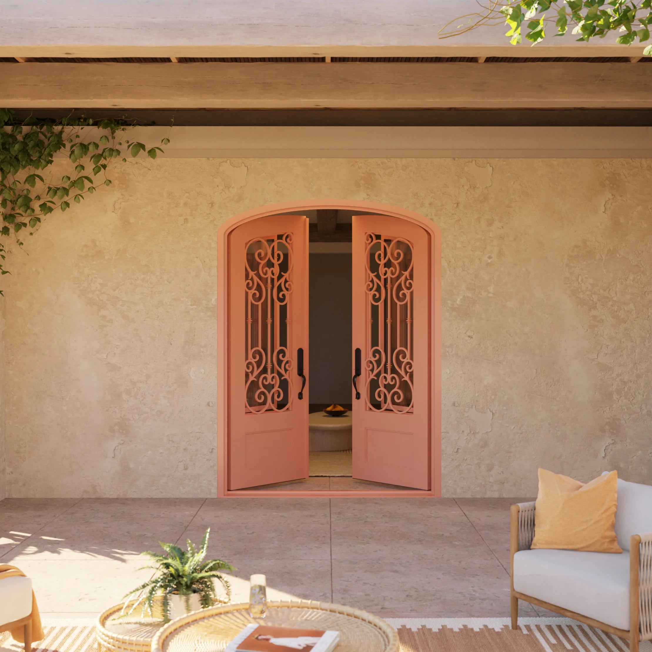New York iron double door with clear glass in bronze shade and arched design.