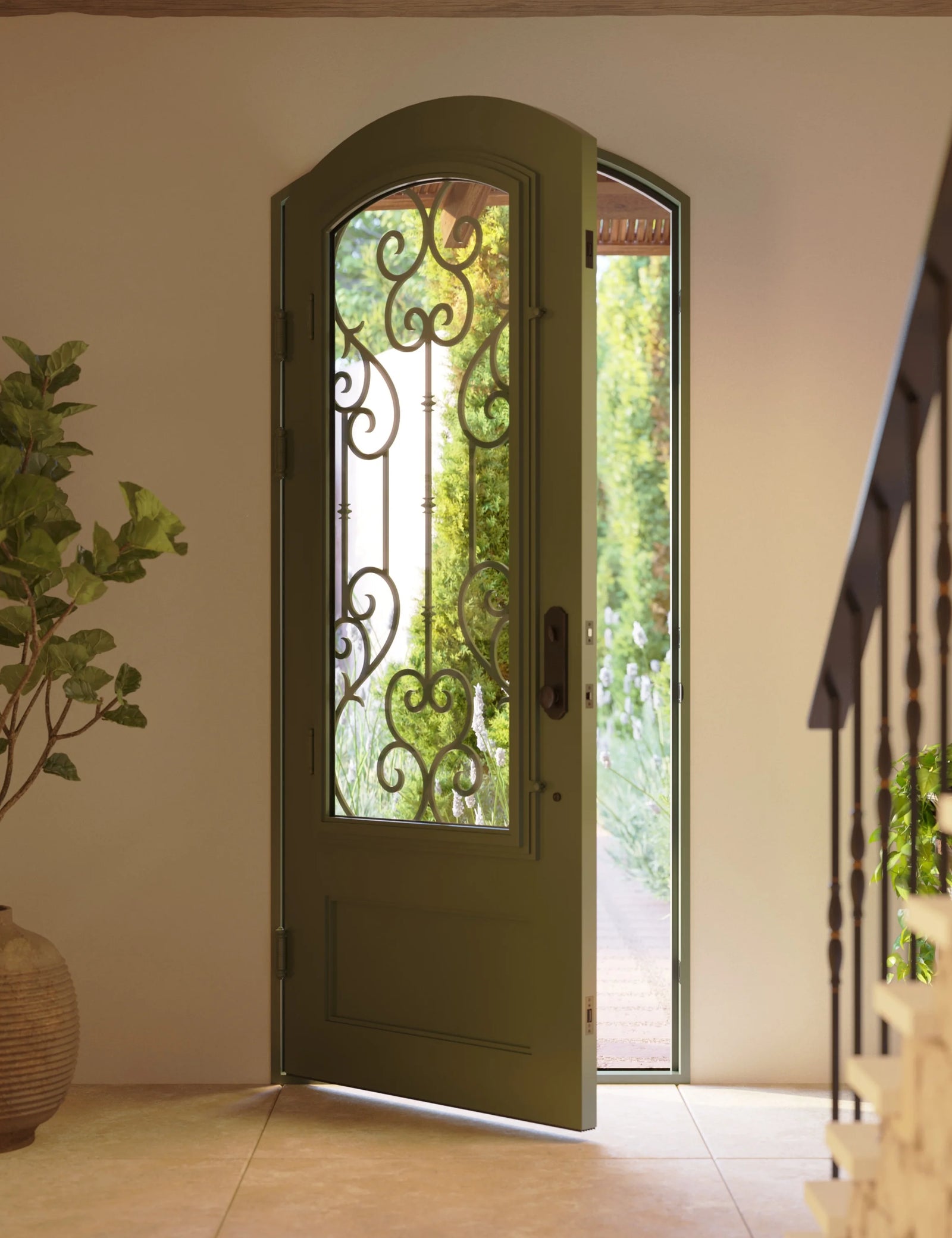 New York bronze color iron single arch top swing door with decorative scrollwork.