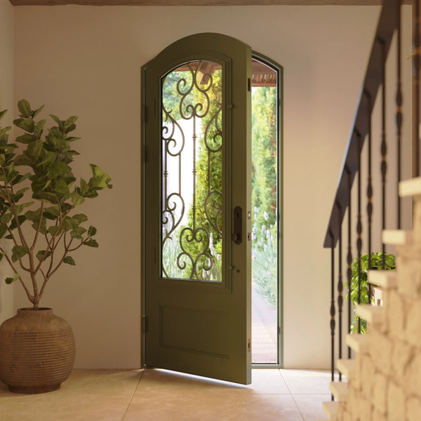 New York soft arch top swinging door with thermal break in black finish.