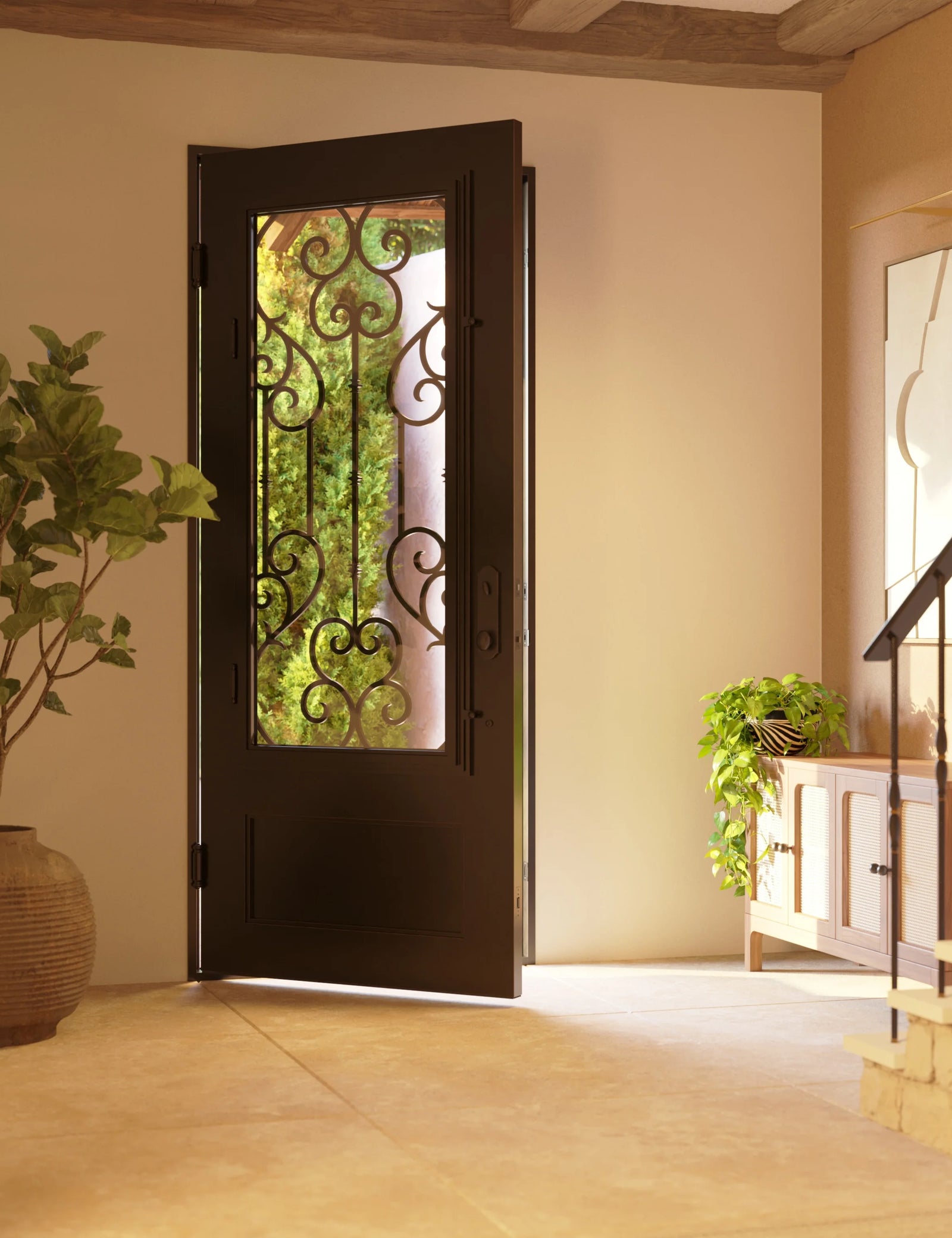 New York Bronze color exterior metal single flat top door with double-pane glass.