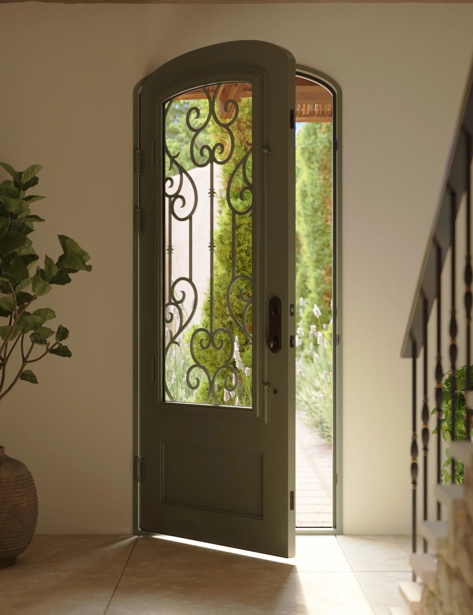 New York pre-hung black wrought iron mini arch top single door with thick glass.