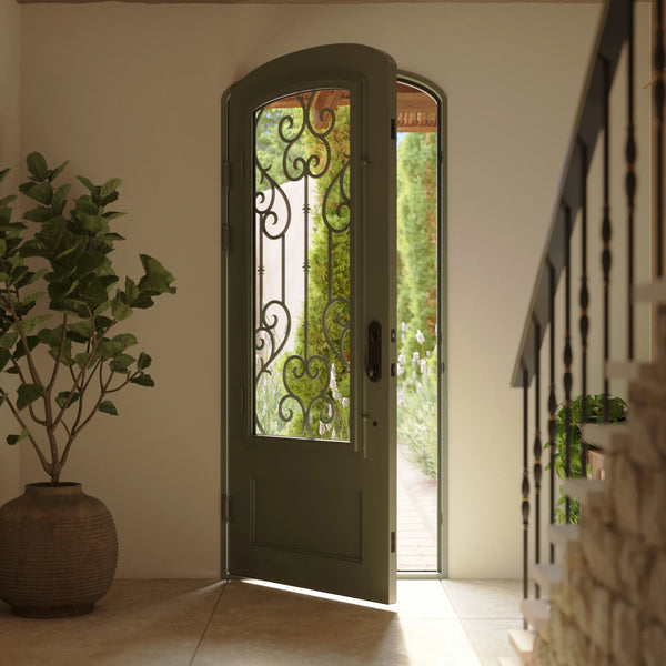 New York pre-hung black wrought iron mini arch top single door with thick glass.