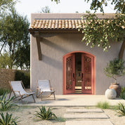 Paris arched entry double door in bronze hue with glass.