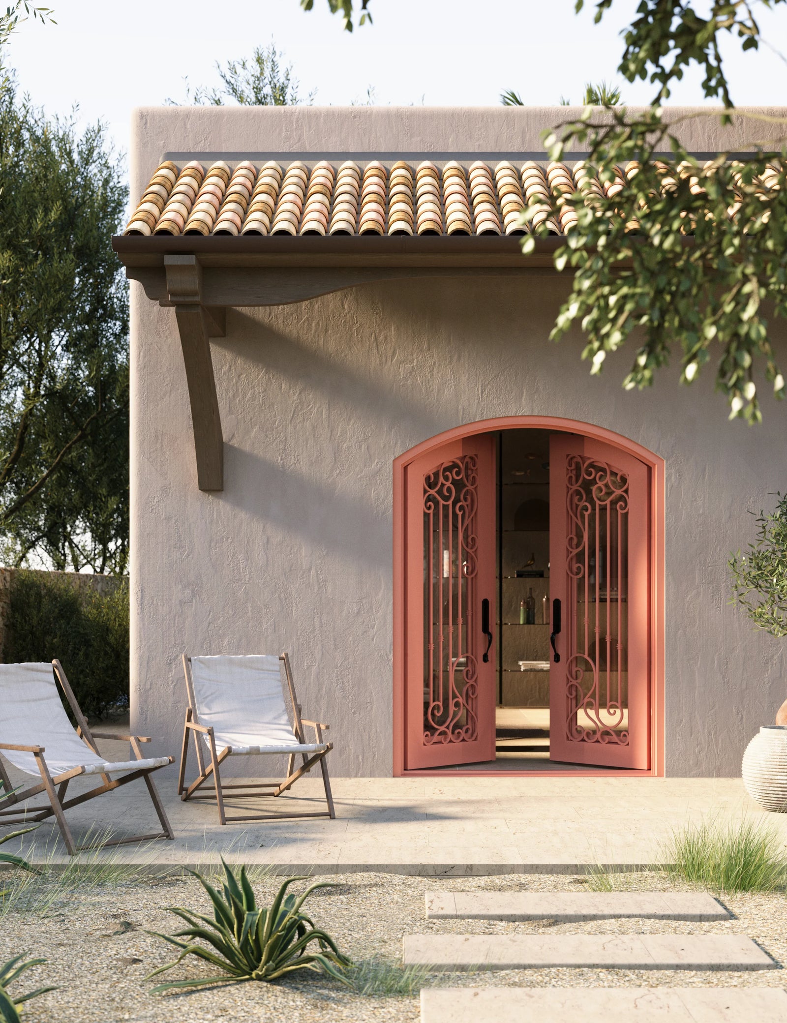 Paris arched top double entry door in black with thermal barrier and clear glass.