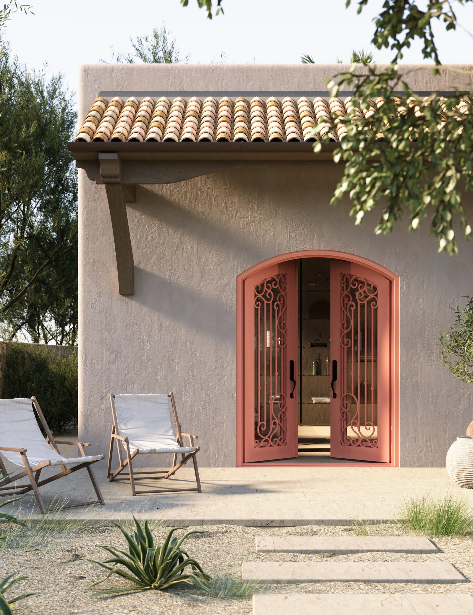 Paris bronze finished entry door with arched design and glass windows.