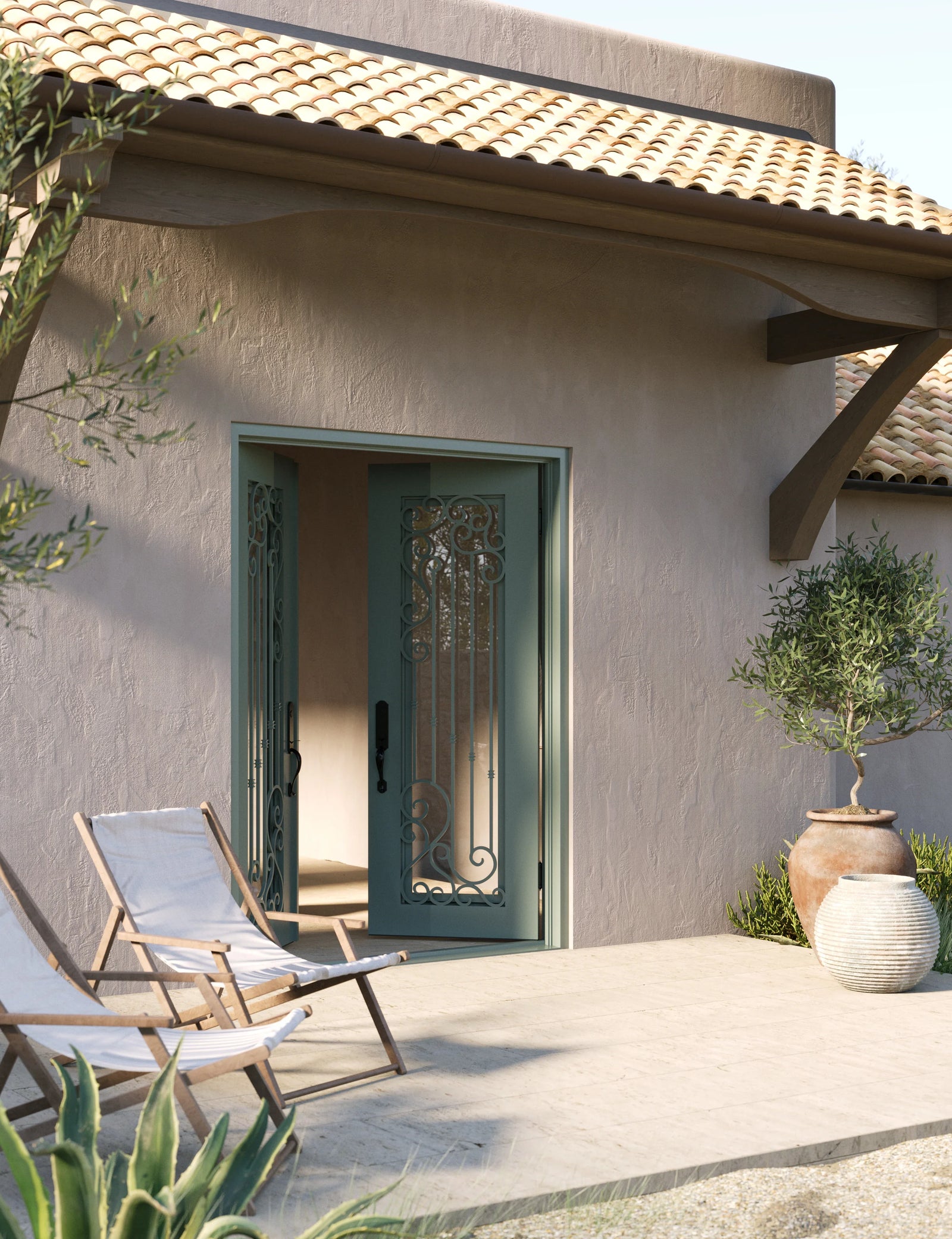 Paris bronze color exterior wrought iron double flat swing door with glass.