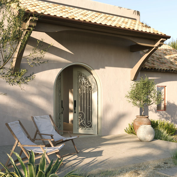 Paris round top iron entry door in bronze color for cold weather.