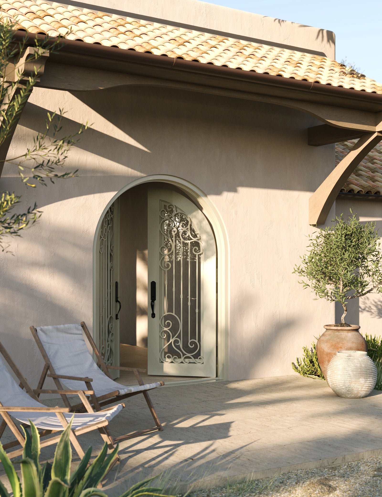 Paris double round top front door with hand forged metalwork and glass.